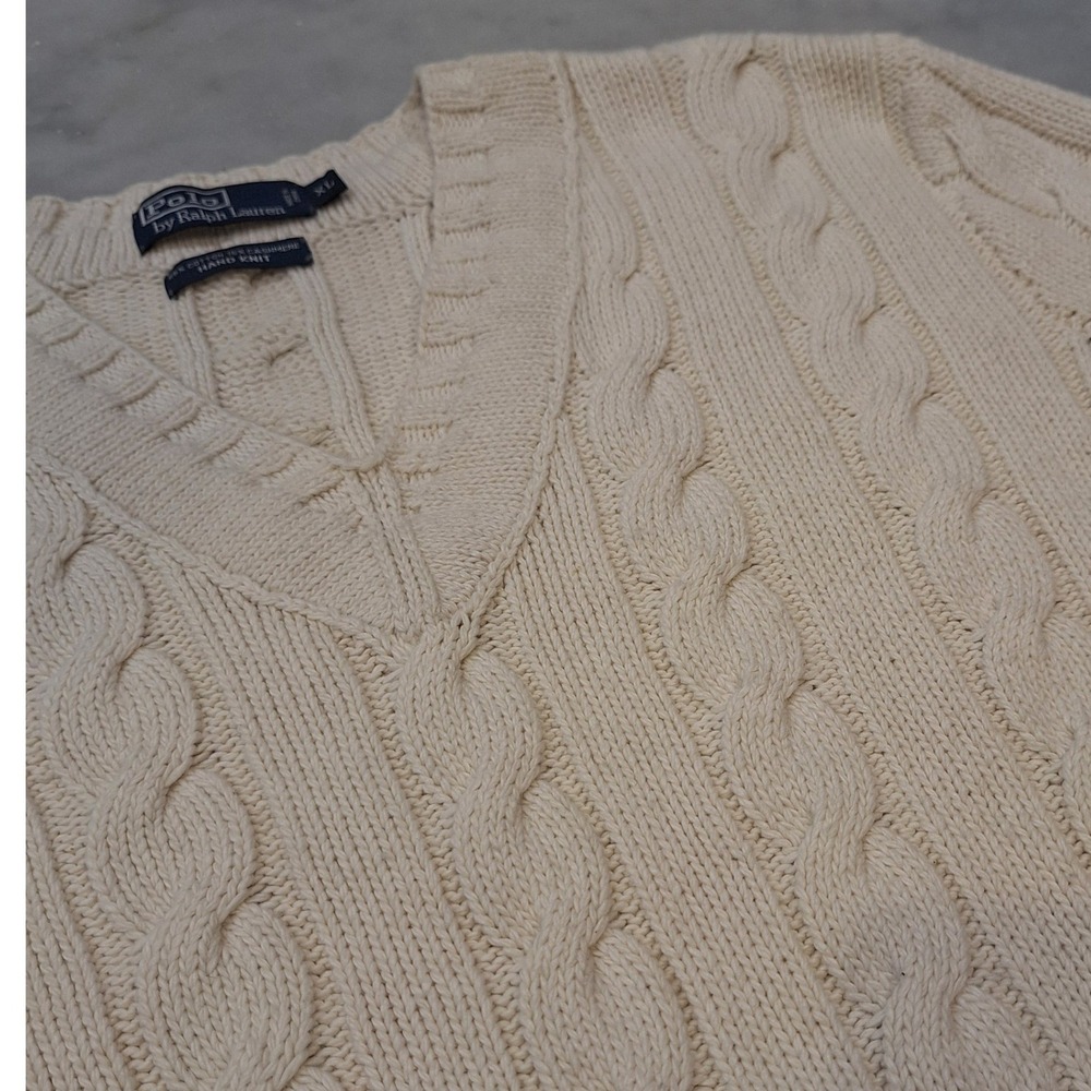 Polo Ralph Lauren Chunky Cable Cashmere Blend Sweater Mens XL Hand Knit V-Neck